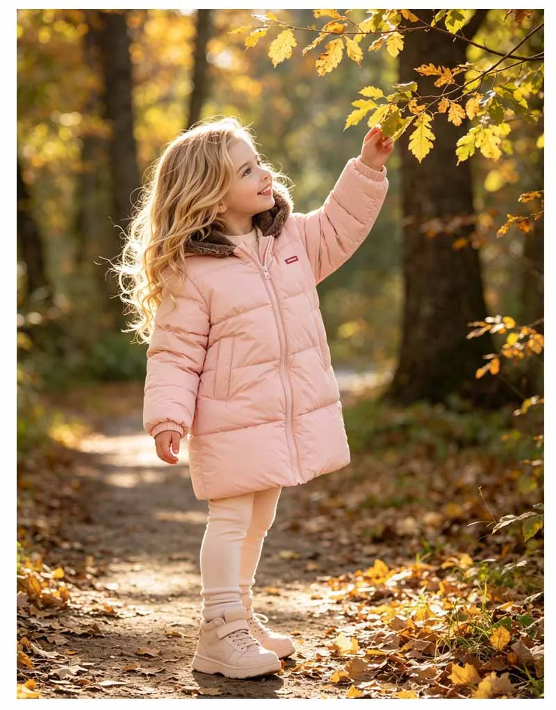 Kinder Lange Daunen-Baumwollmäntel Winter Jungen Mädchen Verdickte Plüsch-Warme Jacken Kinder Lammwolle Knielange Kapuzen-Oberbekleidung – Detail 12