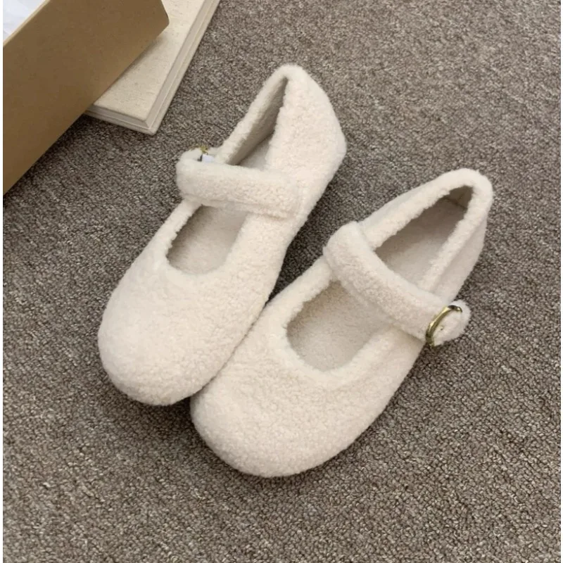 حذاء باليه نسائي مسطح من الصوف بمقدمة مستديرة حذاء بدون كعب من القطيفة الدافئ بتصميم علامة تجارية للسيدات حذاء ماري جين منفوش باللون الأحمر والرمادي #6