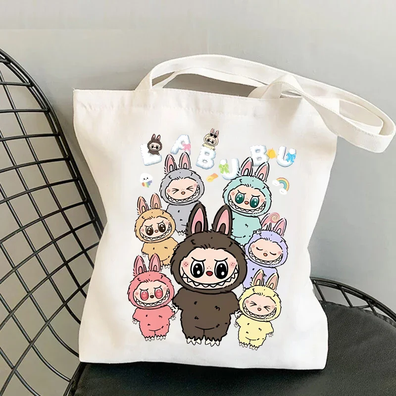 Labubu Canvas Bag Cotton Cute Cartoon Funny Shopping Tote Pouch Commuter Student Travel Simple Versatile Fashion Women Bags Gift