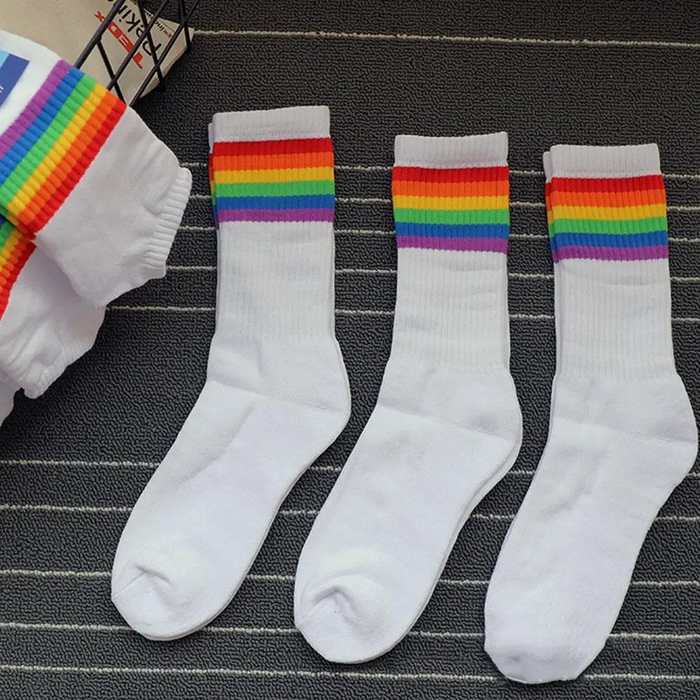 Rainbow Striped Mid-length Socks Towel-soled Sports Socks Terry Thickened Sweat-absorbent And Deodorant Brand New High Quality