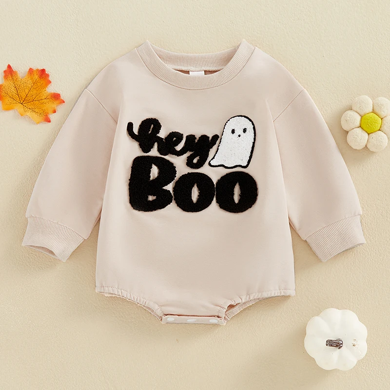 2024-07-23 Lioraitiin Baby Halloween Casual Romper Long Sleeve O Neck Ghost Letter Embroidery Sweatshirt Romper