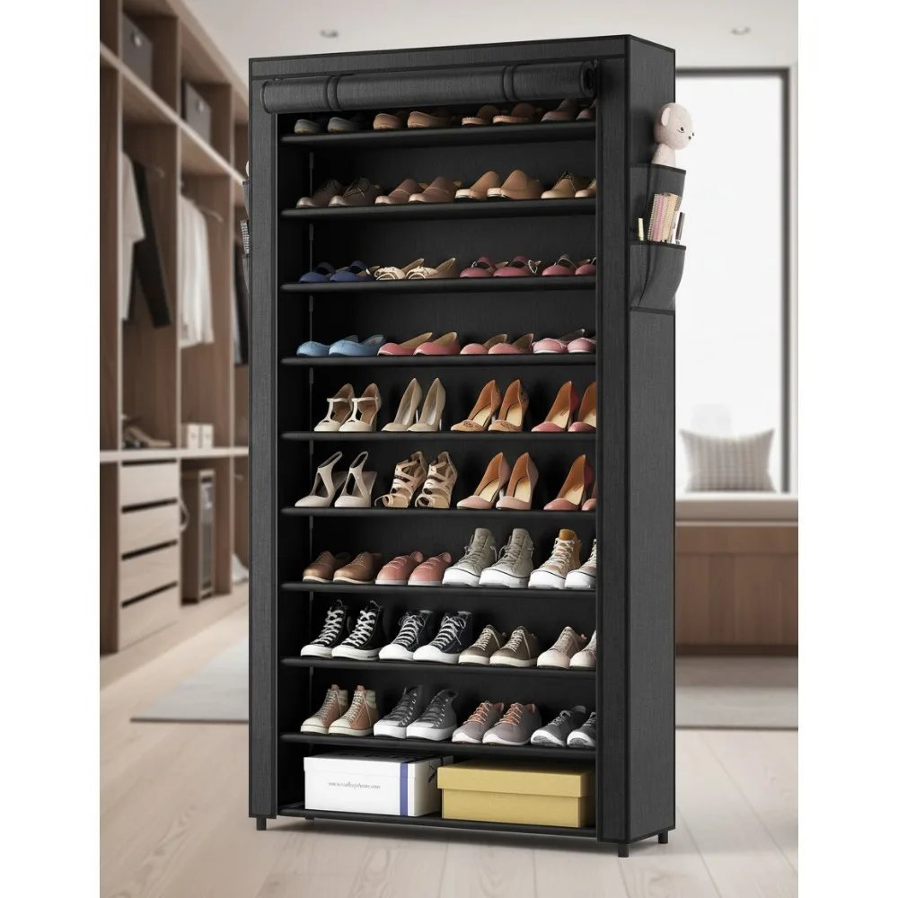 

10-Tier Stackable Shoe Rack with Covers, Holds 50-55 Pairs, Sturdy Metal Storage Organizer for Entryway Closet Garage