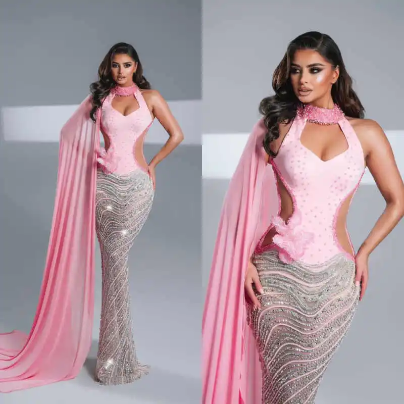 Luxurious High Neck Evening Dresses Customized Sexy Beaded Crystal Prom Dress Appliques Floor Length Party Gown