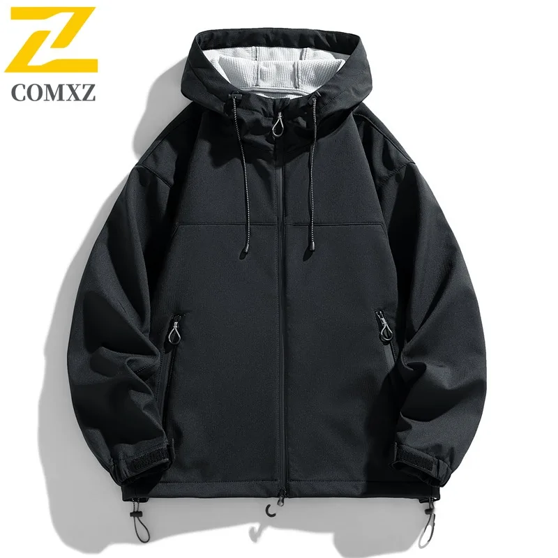 COMXZ الرجال خندق معطف مقاومة للخدش فضفاض رياضي المشي لمسافات طويلة مقنعين مقاومة للاهتراء السفر جاكيتات 2025 التخييم تنفس سترة