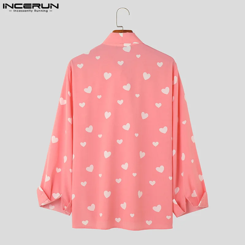 INCERUN Tops 2023 American Style New Men\'s Personality Love Bow Tie Design Shirts Casual Fashion Love Pattern Print Blouse S-5XL