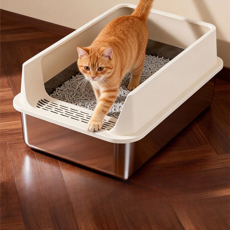 Caja de arena semicerrada extra grande para gatos acero inox, con pala