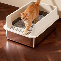 Caja de arena semicerrada extra grande para gatos acero inox, con pala