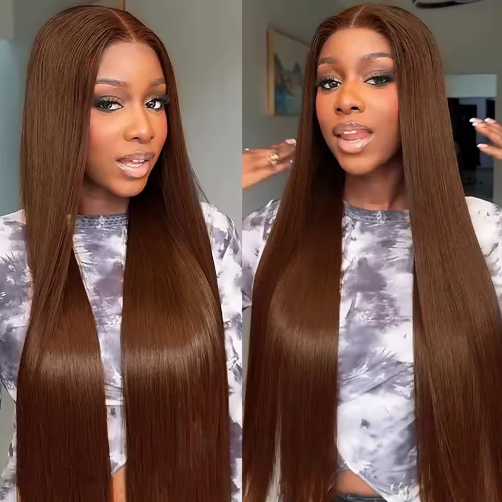 

34 Inch 4# 13x4 Chocolate Brown Lace Front Wigs Human Hair For Women 13x4 Hd Lace Front Wigs Straight Human Hair Wig Per Plucked