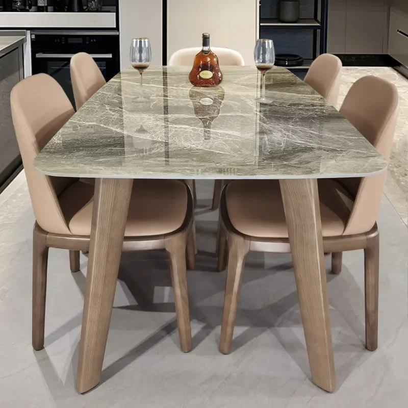 for Italian Bright Rock Slab Dining Table and Chair Set Modern Simple Rectangular Solid Wood Furniture for Restaurant Home