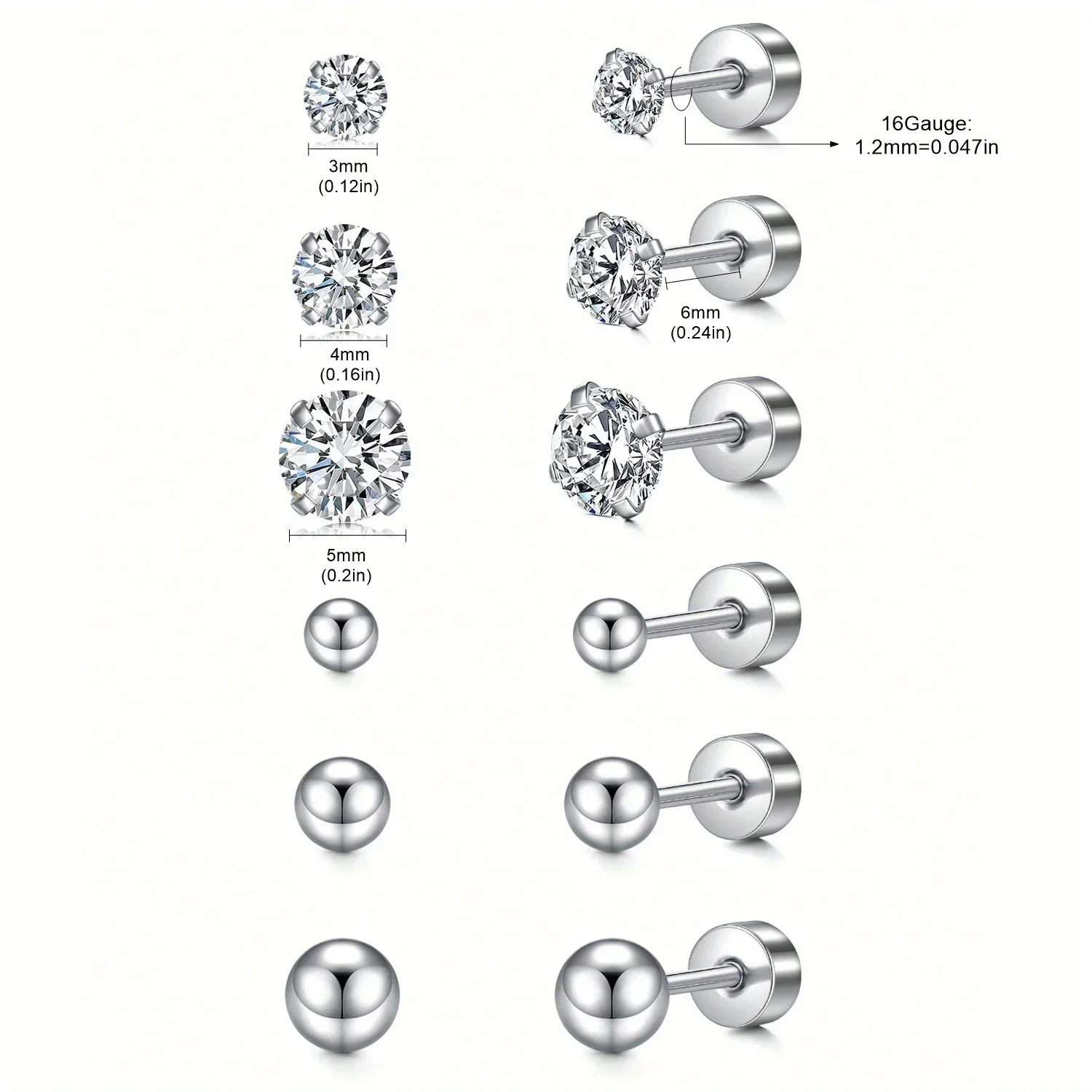6 Pairs Classic Cute 16G Screw Back Stud Earrings, Synthetic Cubic Zirconia Ball Earrings for Women, Daily & Gift Occasions
