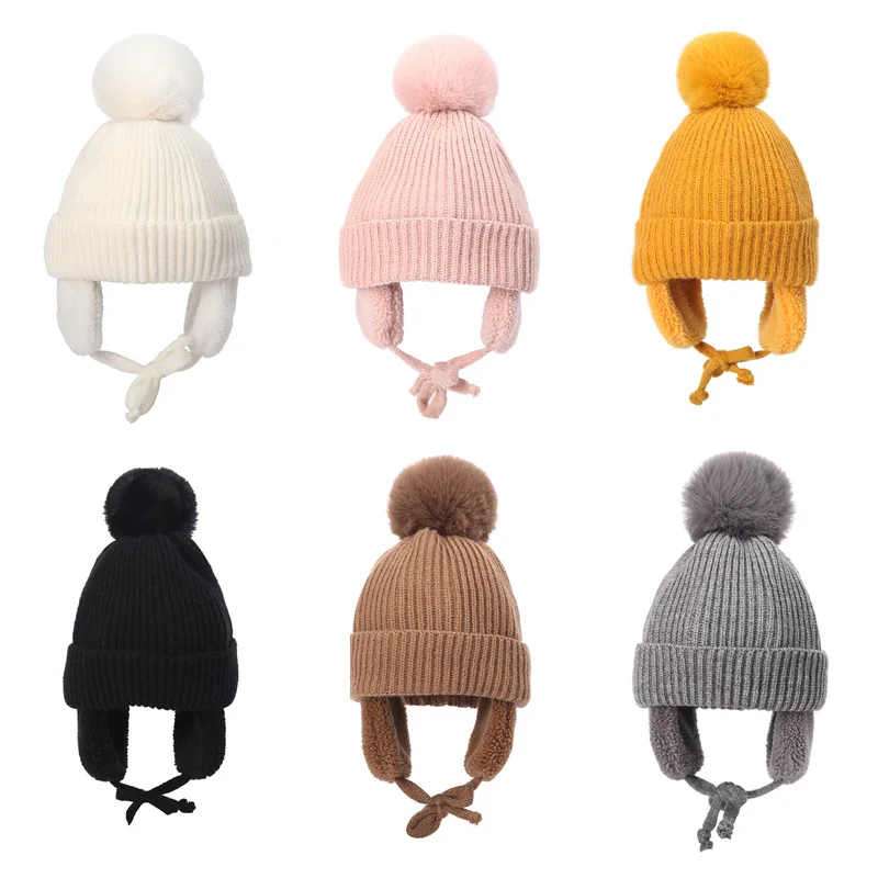 Winter Baby Hat Big Pompom Beanie with Earflap Wool Plush Lining Infant Knitted Cap for Girls Boys Warm Kids Accessories 2-6Y