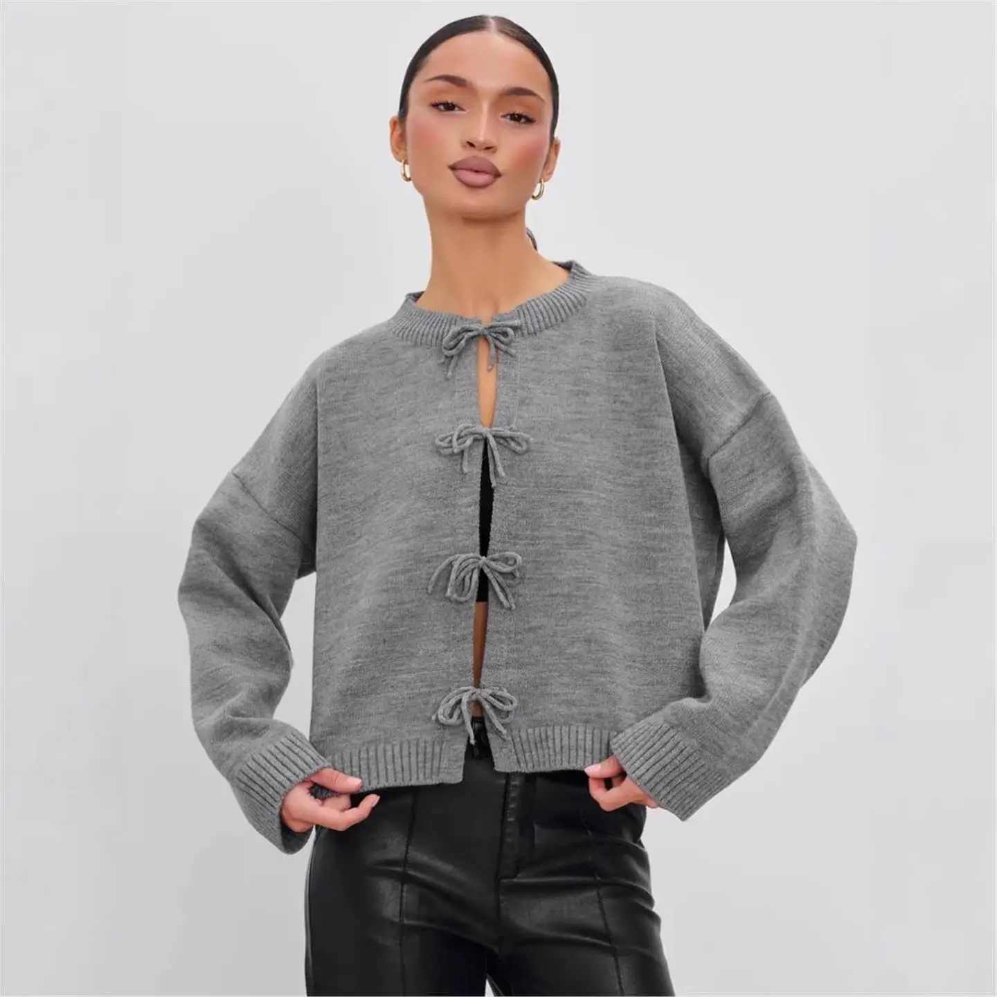 

Loose Knitted Cardigan Women's Casual Sle Autumn Winter Pure Color Long Sve ort Length Belted Sweater Faion Trend