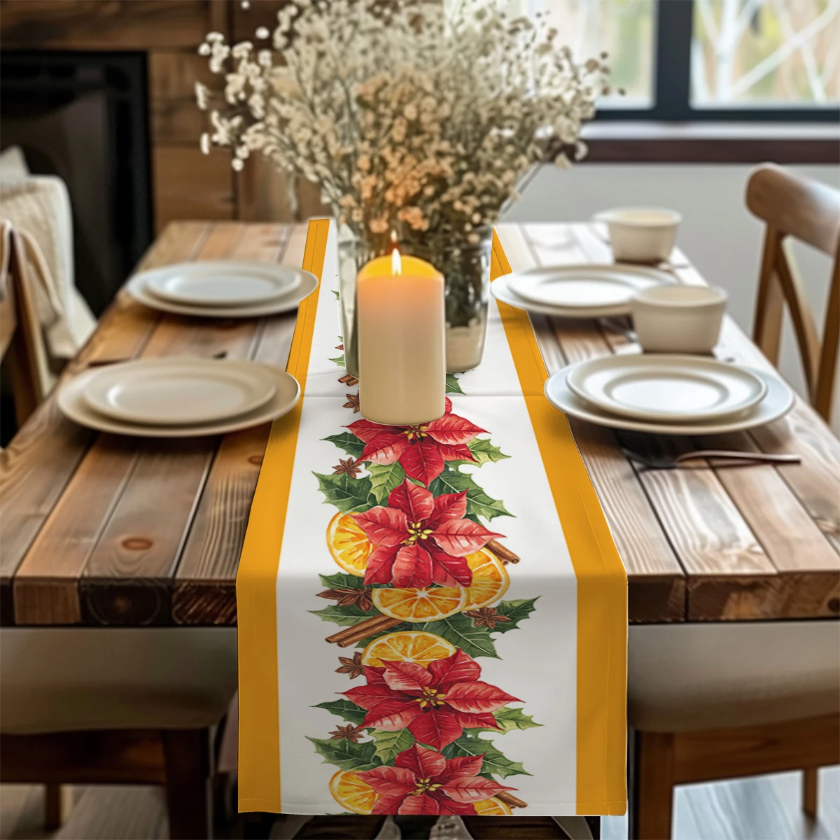 

Christmas Poinsettia Orange Table Runner Wedding Decoration Cloth Dining Decor Coffee Table Runners Washable Dining Long Cloth