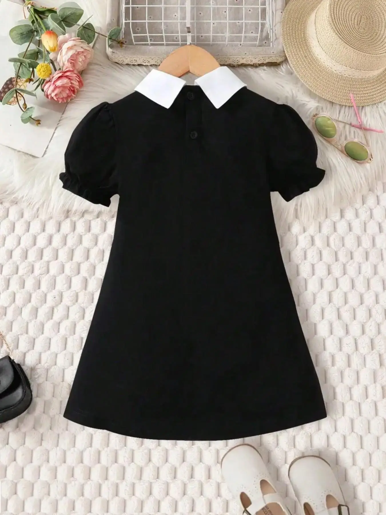 Girls' Princess Style Peter Pan Collar Bubble Sleeve Dress with Ruffled Sleeves A-Line Casual School Party Dress