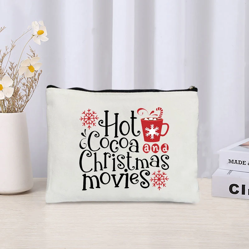 Christmas Themed Canvas Cosmetic Bag Organizer Travel Perfume Lipstick Storage Pouch Zipper Make Up Bags Pencil Case Xmas Gift