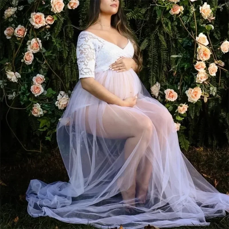 Lace Maternity Photography Props Dresses Sexy See-Through Pregnancy Photo Shoot Maxi Maternity Tulle Long Dresses Baby Shower