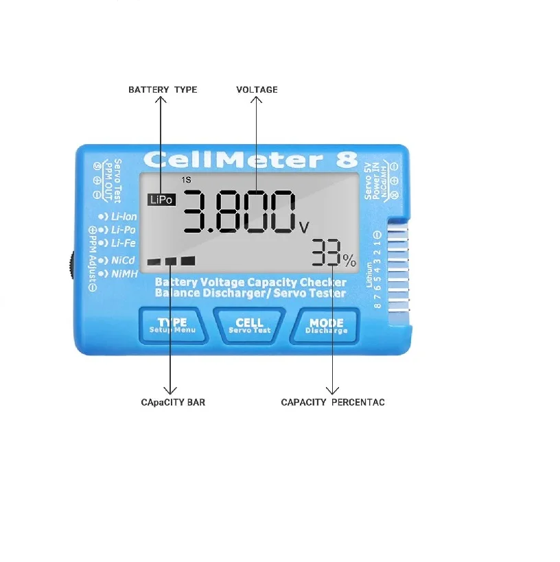 LCD Digital Battery Capacity Tester RC CellMeter8 2-8S Servo Lithium Polymer Lithium Dragon NiMH Battery Voltage Tester