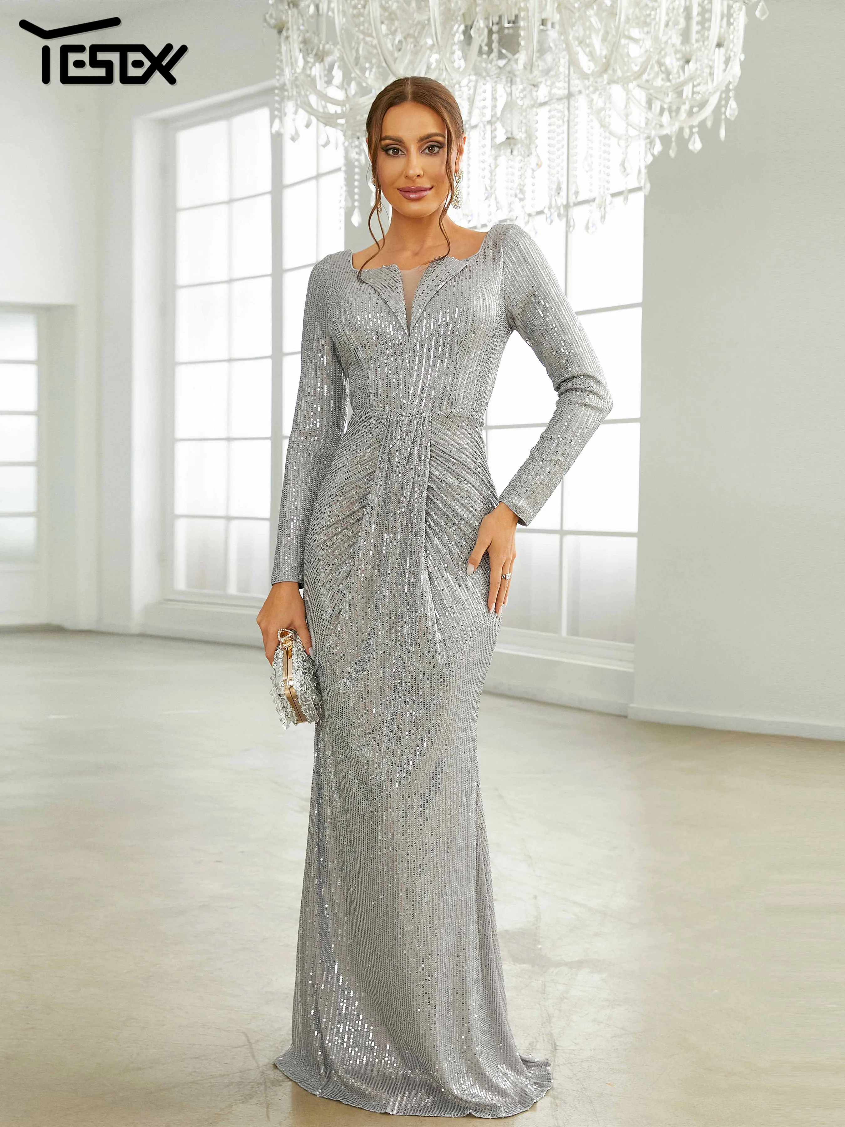 Yesexy New Grey 2024 Sequin Mermaid Evening Floor Length Elegant Party Dresses For Women Dress