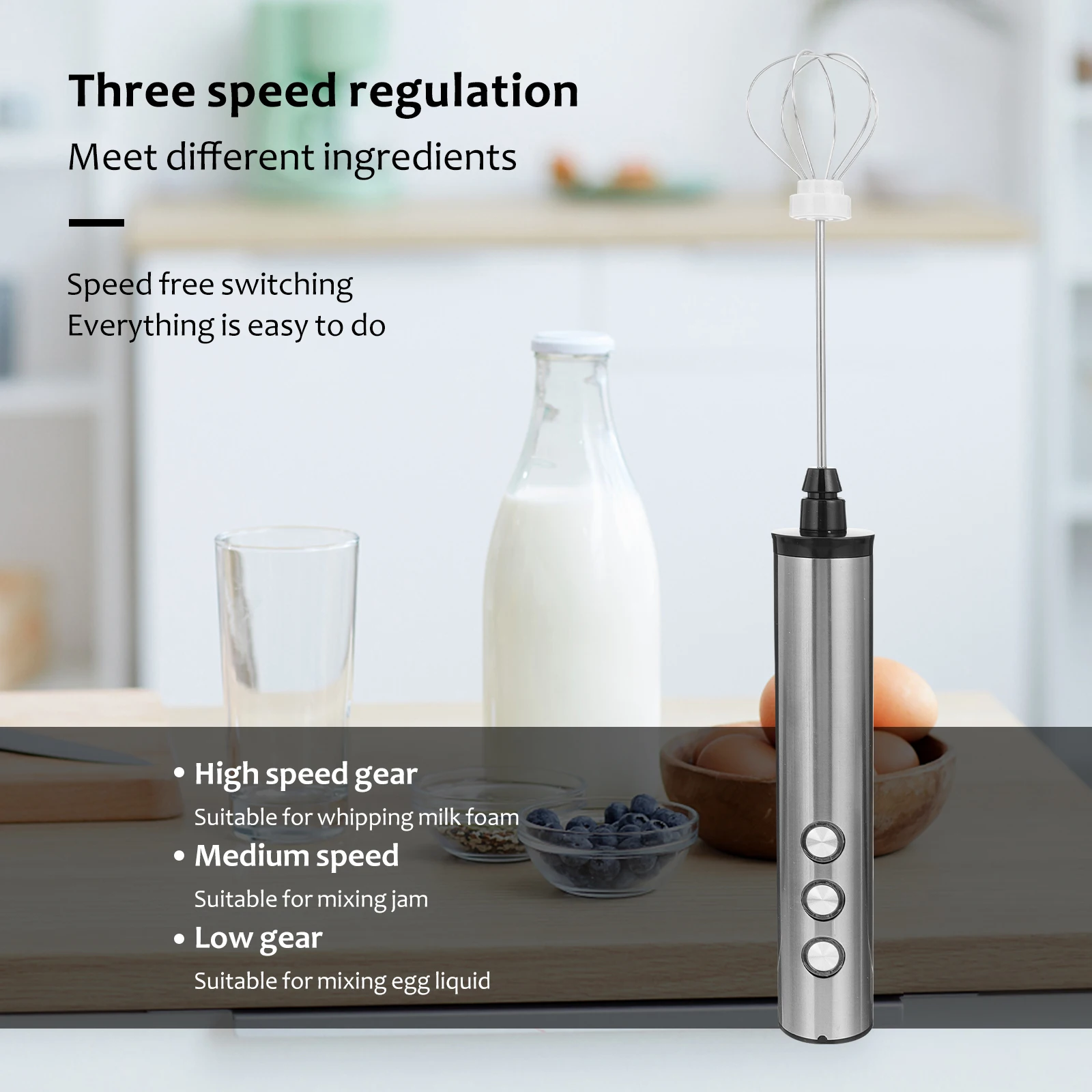 

1 set Electric Whisk Handheld Milk Frother 3-Speed Adjustable For Coffee Latte Cappuccino Foam Maker Portable Kitchen Gadget