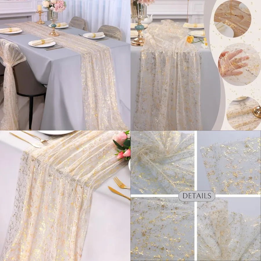 

Pack Feet Gold Table Runners, Sheer Chiffon Tulle Cheesecloth Sequin Glitter Metallic, Golden Centerpieces Table Decorations fo
