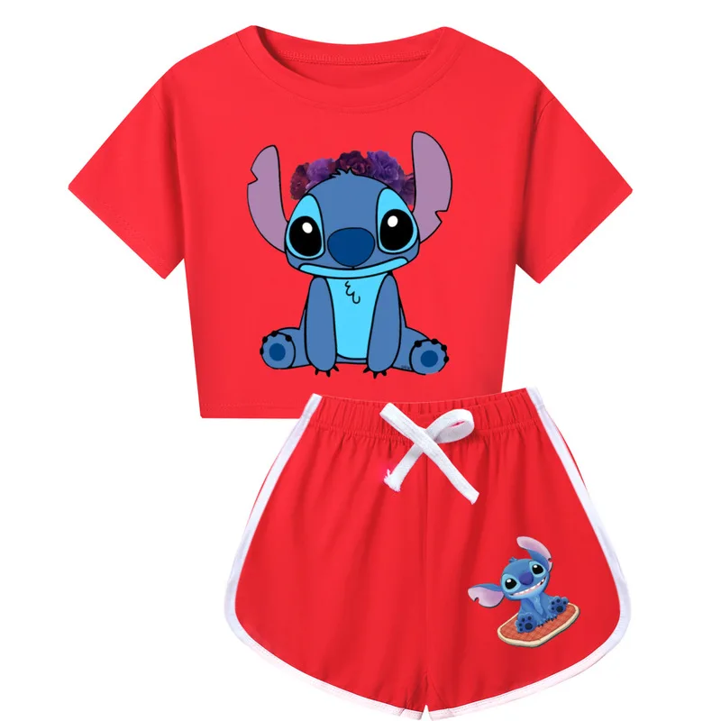 2024 New Disney Cartoon Lilo & Stitch Kawaii Stitch Printed T-shirtprinted Shorts Children Summer Suit Girl Birthday Gift