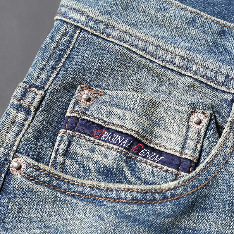 Newly Vintage Fashion Men Jeans High Quality Retro Blue Elastic Slim Ripped Jeans Men Plain Washed Designer Denim Pants Hombre