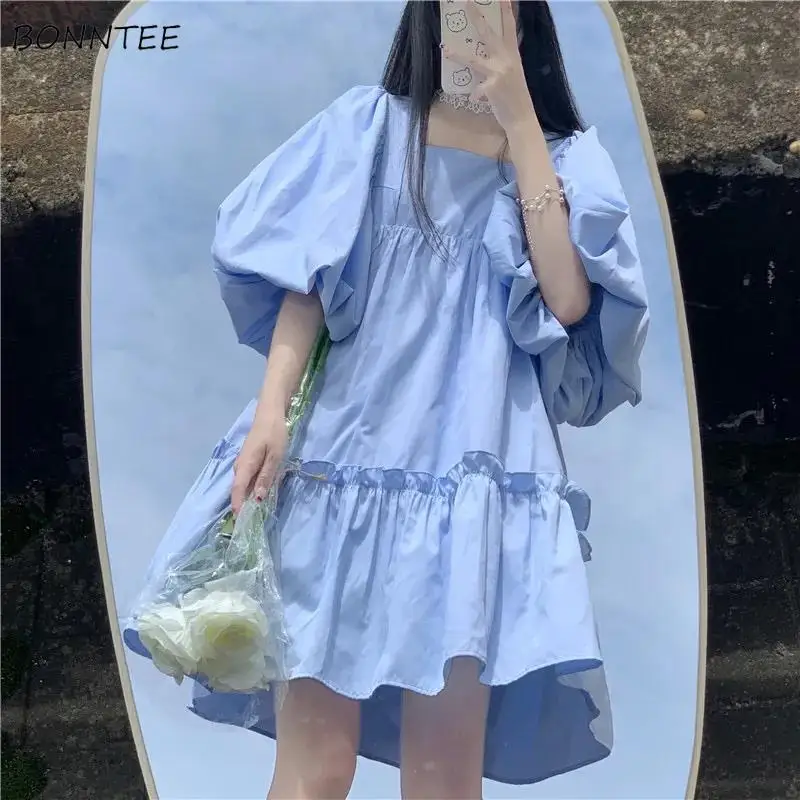 Puff Sleeve Dresses Women A-line High Waist Japanese Style Summer Sweet Mini Solid Folds Popular Fashion Lovely New Arrival Cozy