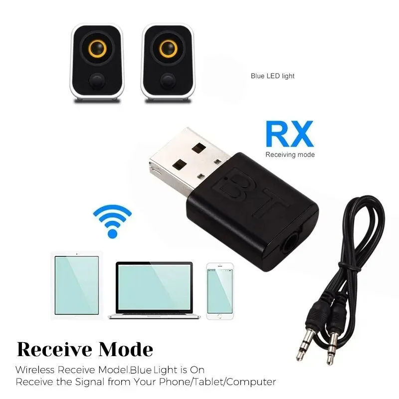 USB 5.0 wireless bluetooth audio transmitter receiver 2 in 1 adapter with 3.5 mm cable, suitable for car TV headset speakers