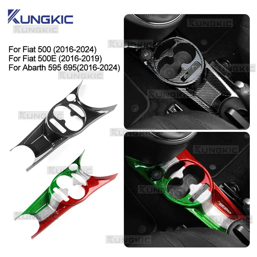 For Abarth 595 695 Fiat 500 2016-2024 500E 16-2018 2019 LHD RHD Hard Dry Carbon Fiber Water Cup Holder Gear Shift Trim Sticker