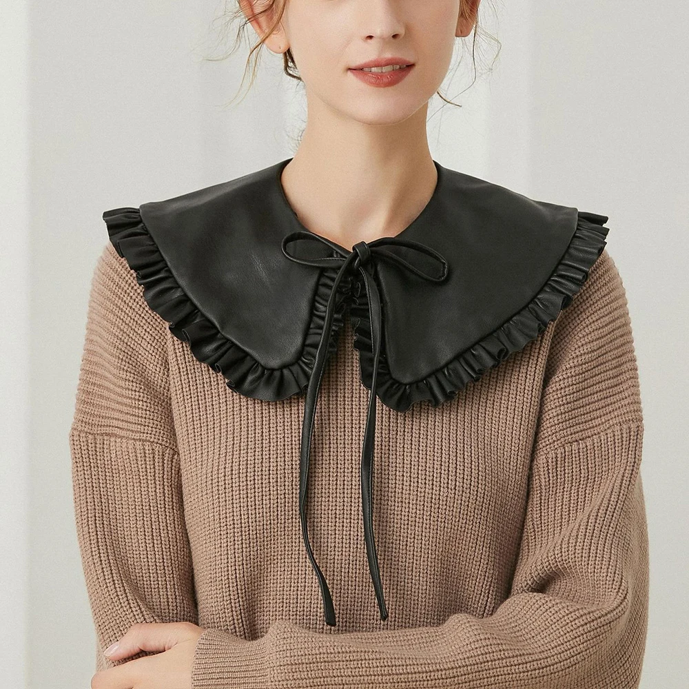 

Leather Black False Collar Shawl Doll Ruffled Detachable Collars Wrap Lace Up Poncho PU Blouse Collar Neck Cover Necklace