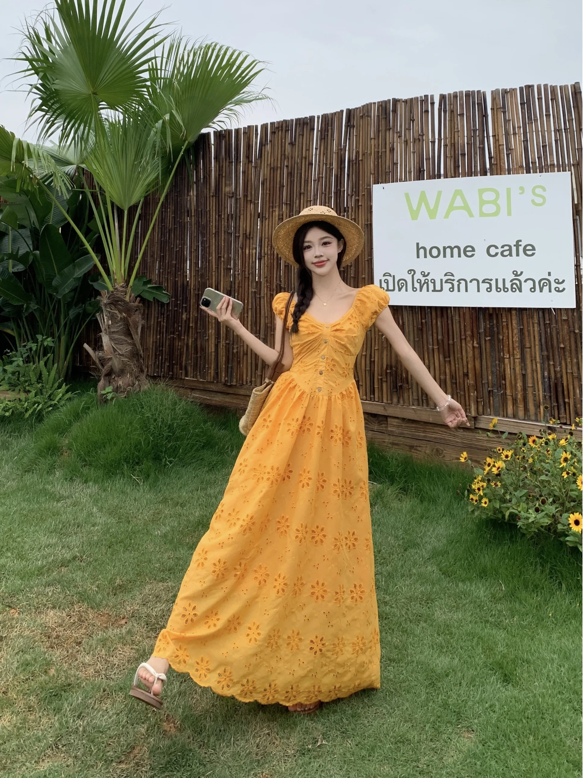 تنورة فرنسية مطرزة بفتحات منقوشة بالزهور باللون الأصفر على شكل حرف a للنساء فساتين طويلة ضيقة لقضاء عطلة الشاطئ هاراجوكو موري جيرل