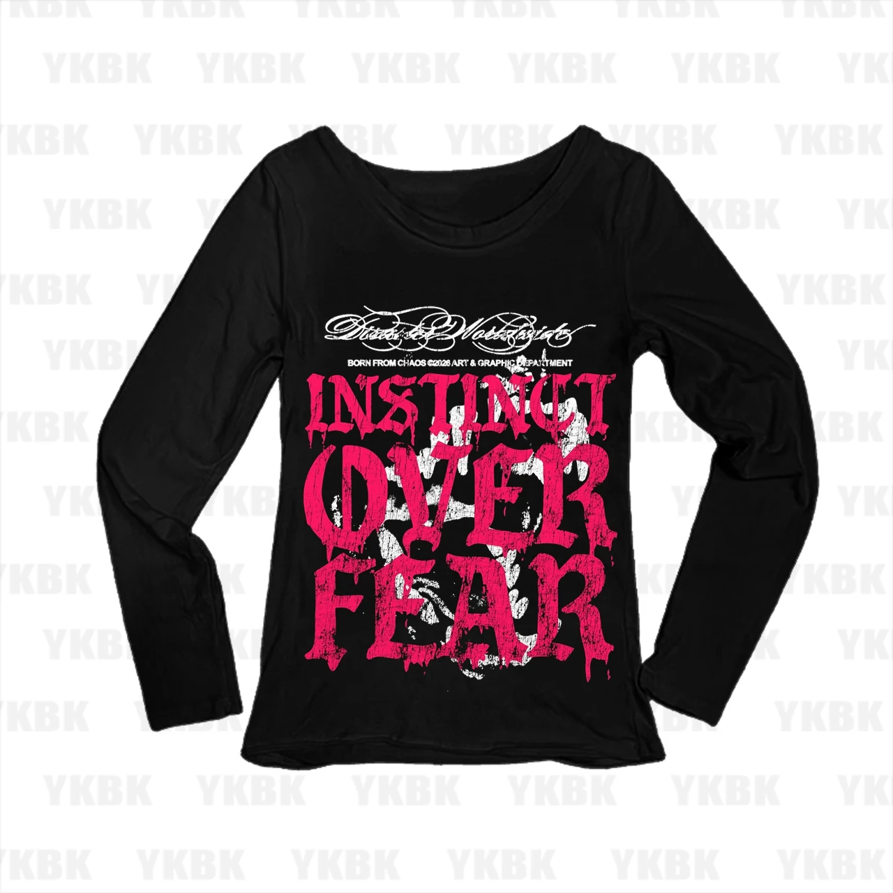 Y2K Punk Grunge Instinct Over Fear Drip Skull Print Women Long Sleeve T-Shirt O-Neck Slim Fit Graphic Casual Tops