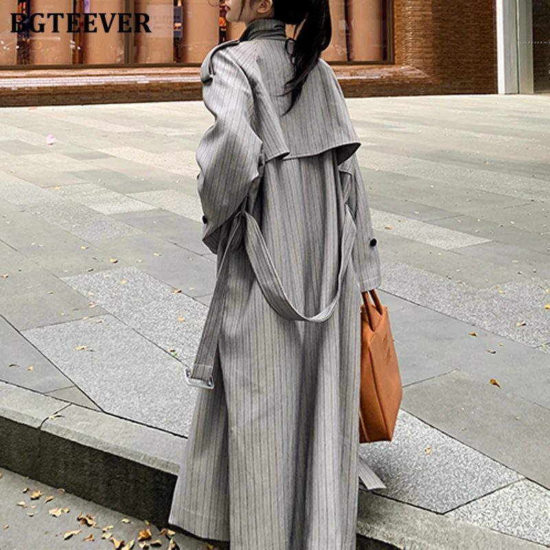 BGTEEVER Stylish Lapel Women Double Breasted Trench Coats Autumn Winter Casual Long Sleeve Belted Ladies Striped Windbreaker