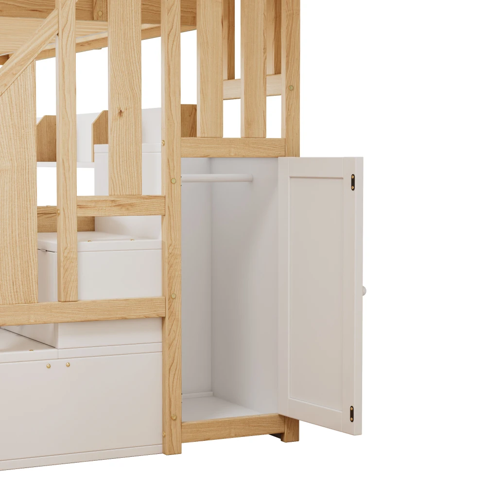 PINGGO Etagenbett 90x200/90x190/120x200cm mit Fallschutzgitter, 3-stöckiges Rollbett mit Kleiderschrank und Eck-Treppe, ohne Matratze – Detail 25