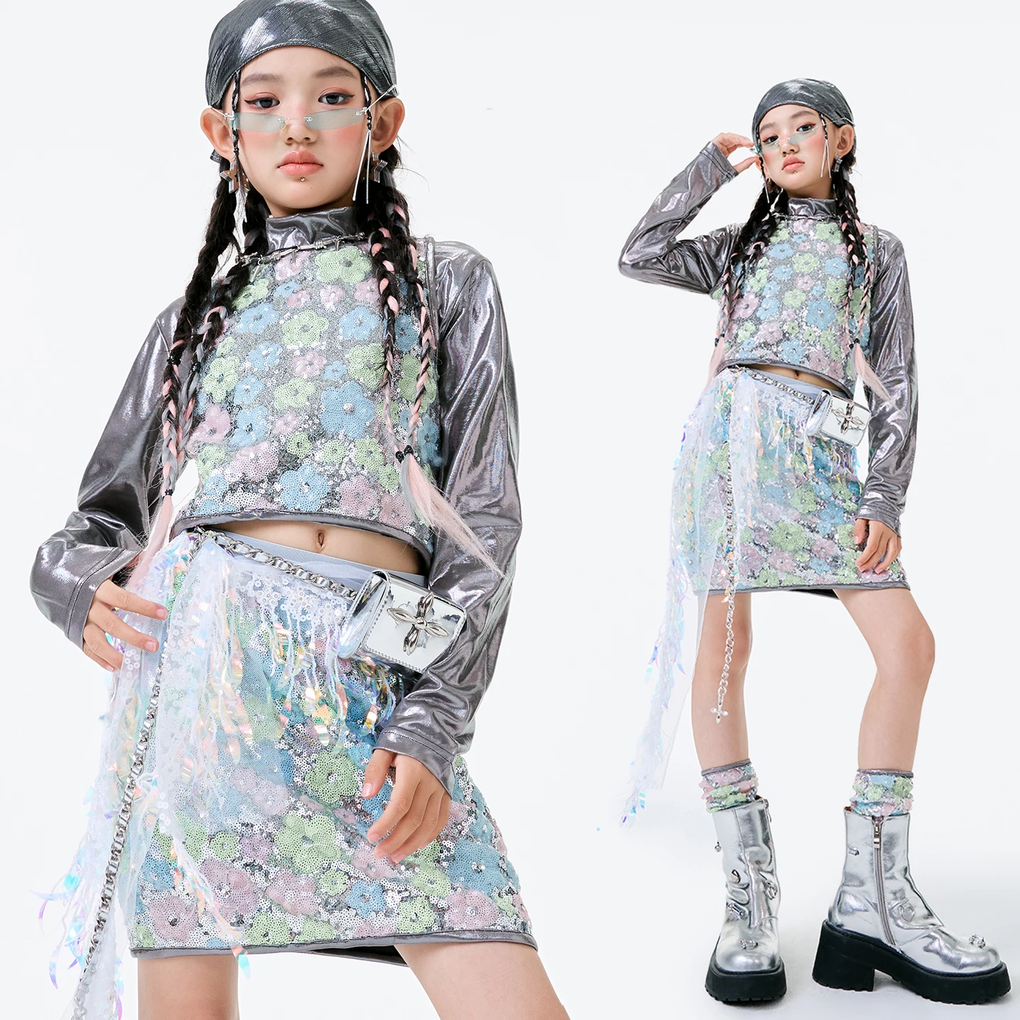 

Fashion Girls Jazz Dance Costume Colorful Sequins Hip Hop Clothing Children'S Street Dance Suit Group Kpop Outfits XS10713