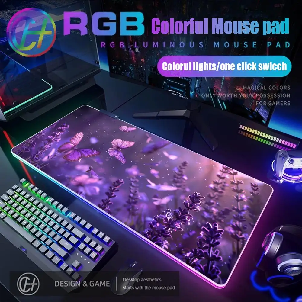 

HYBXAXC Aesthetics Purple Butterfly Mouse Pad RGB Gaming Mouse Pad Desk Mat HD Gamer Large LED Light XXL 80x40cm Desk Mat