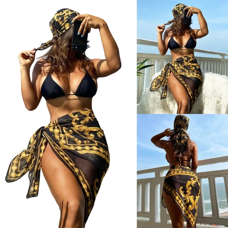 

Women Four Pieces Sexy Spaghetti Strap Swimsuit Hair Band Bikinis with Coverup Lacing up Swimwear Bathing Suit Beachwear