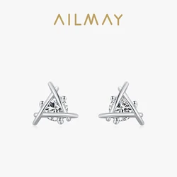 Ailmay 100% 925 Sterling Silver Personality triangle Geometric Design Earrings For Women Dazzling Clear CZ Lovely Fine Jewelry