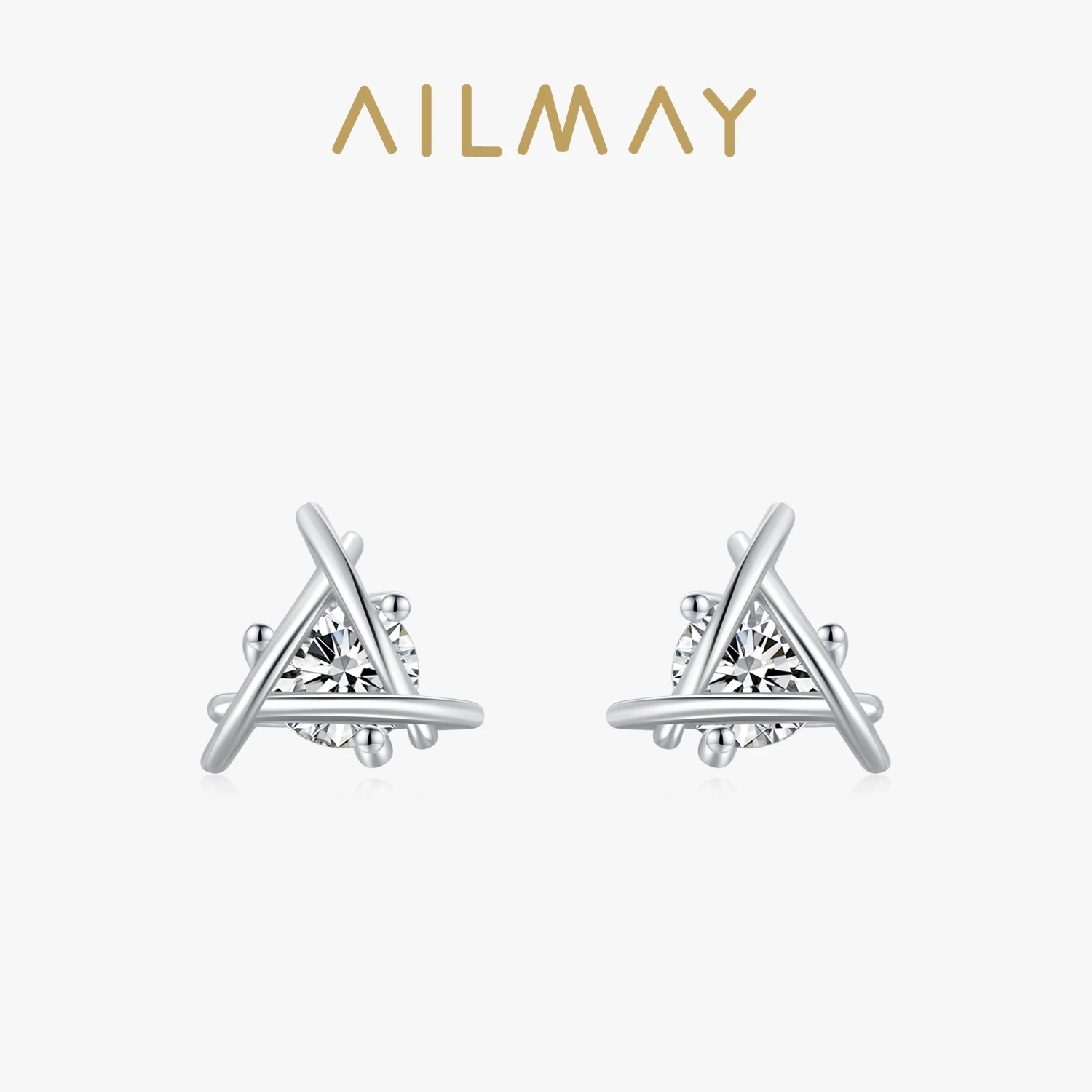 Ailmay 100% 925 Sterling Silver Personality triangle Geometric Design Earrings For Women Dazzling Clear CZ Lovely Fine Jewelry