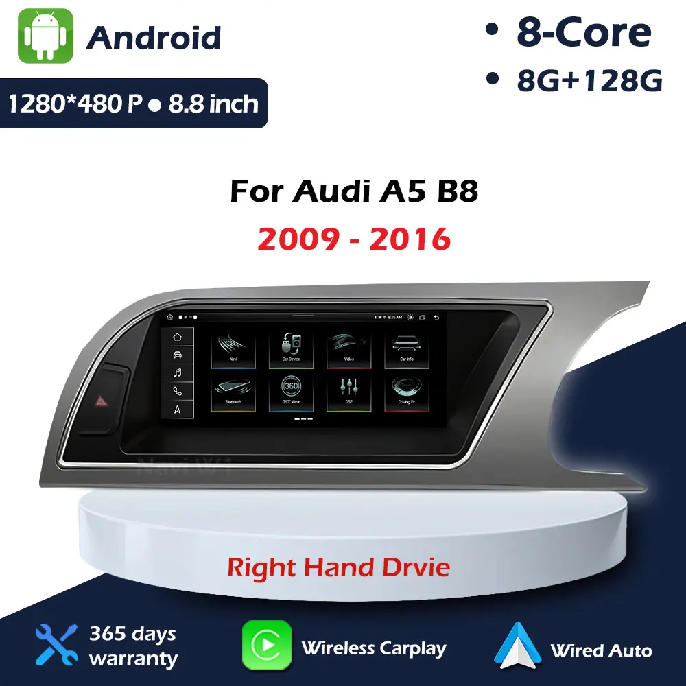 8.8 inch Navigation GPS WIFI for Audi A5 B8 2009 - 2016 Right Hand Drvie Android Auto Wireless CarPlay Head Unit Touch Screen BT