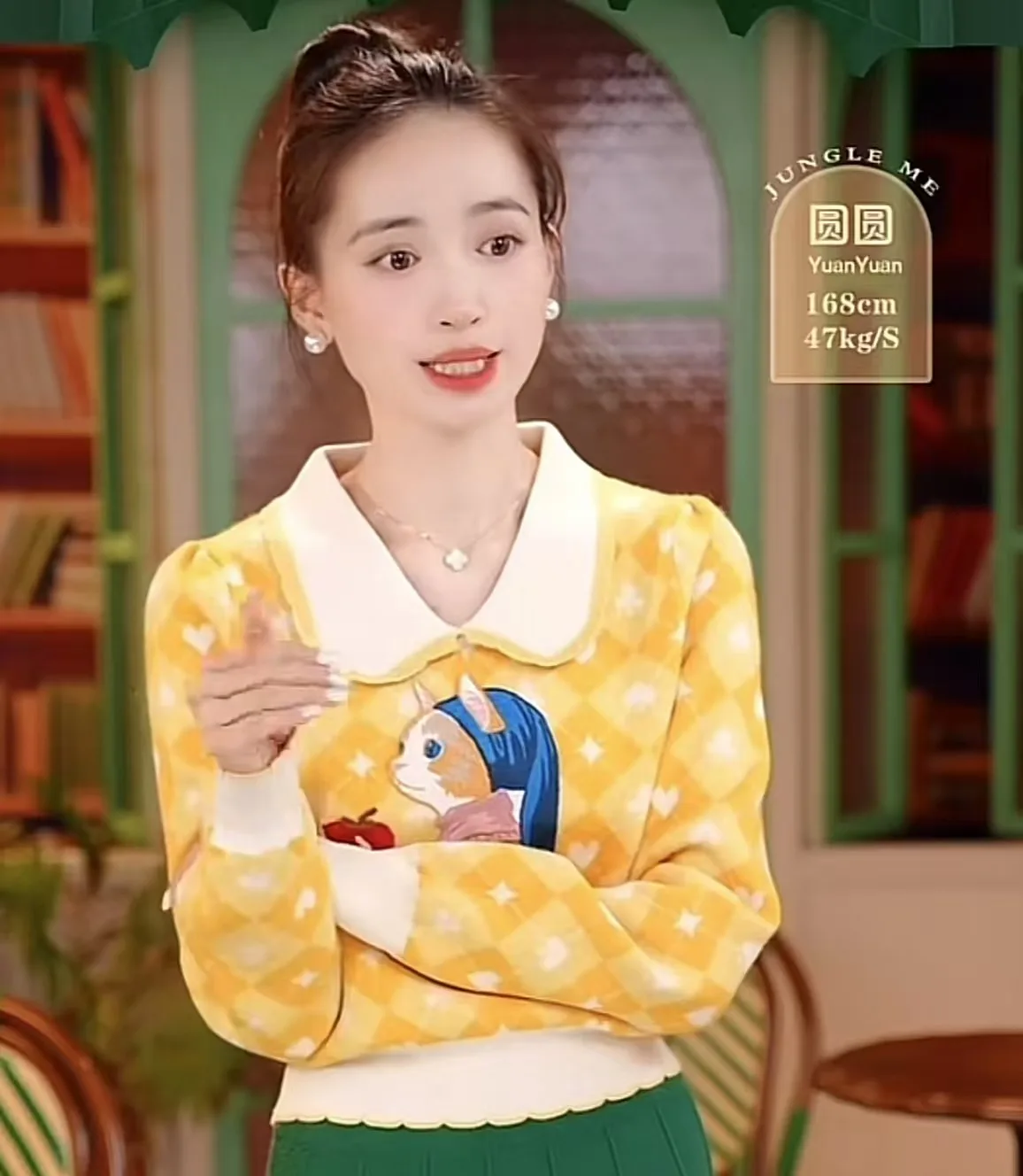 الأصفر الكرتون المطرزة سترة البلوز المرأة خمر أنيق شيك موضة تريكو بلايز كم طويل فضفاض السيدات لاعبا