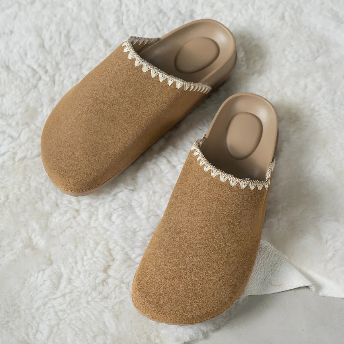 Women Suede Closed Toe Mule Slippers Lace Trim Backless Slip On Flat Casual Indoor Outdoor Daily Shoes