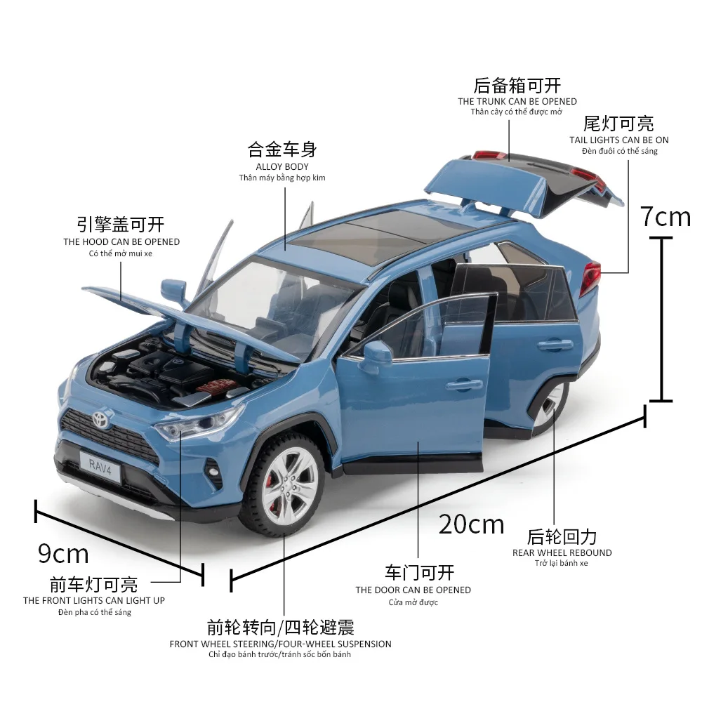 1:24 RAV4 SUV Modello in lega di auto giocattolo Fonde sotto pressione Colata di metallo Tirare indietro Suono e luce Auto giocattoli per bambini Veicolo