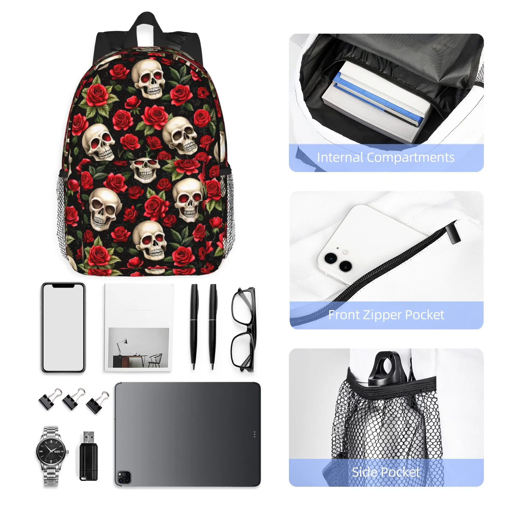 Rose Skull Gothic Style Pattern Backpack Hot Sale Daypack Large Capacity Boy Girl BookBag Shoulder Bags for Men Women School Bag