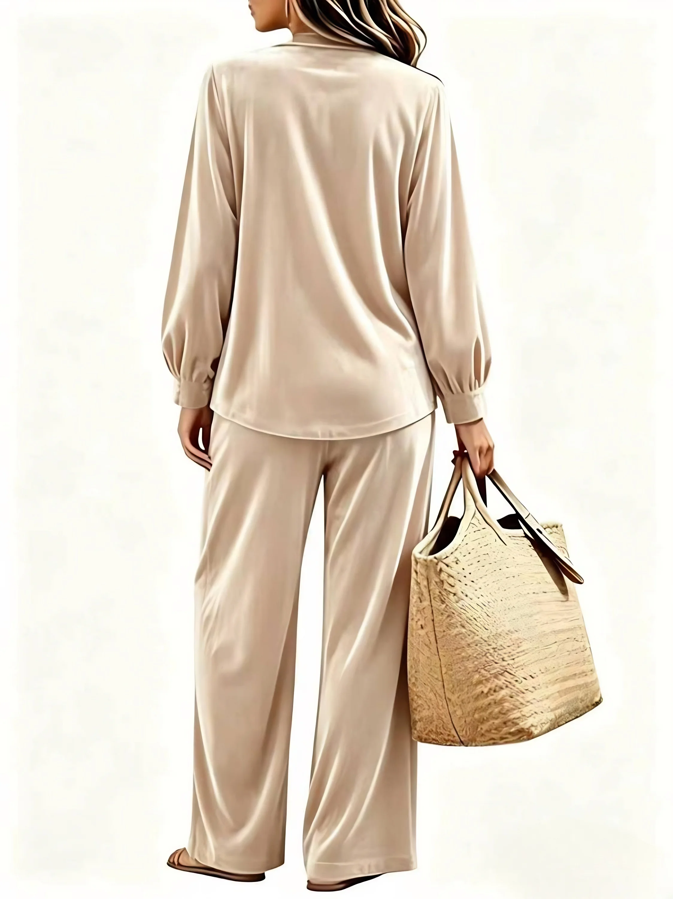 Damen-Outfit, bestehend aus zwei Teilen: Oberteil mit V-Ausschnitt und Knopfverzierung, lange, ausgestellte Ärmel, weite Hose, lässiger Herbst-/Winter-Look, passendes Set mit Taschen. – Detail 10