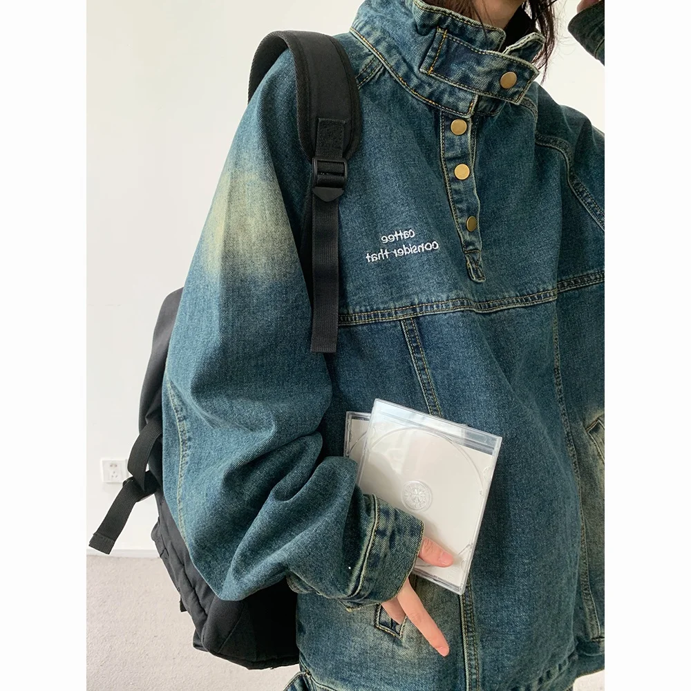 Jiwuus レトロな日本のストリートスタイルハーフハイカラーダメージ加工デニムジャケットルーズカジュアルユニセックス春秋ワークウェアコート