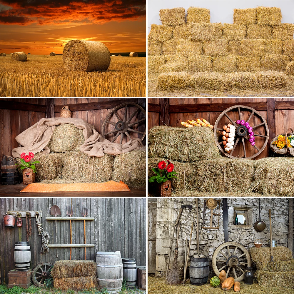 

Farm Haystack Photography Backdrop Autumn Old Wooden Warehouse Rural Wood Wheel Children Portrait Photocall Photo Background