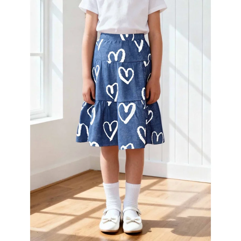 

2026 Girls' Artificial Denim XINGX Printed Skirt Children's Fashion Ruffles Skirt