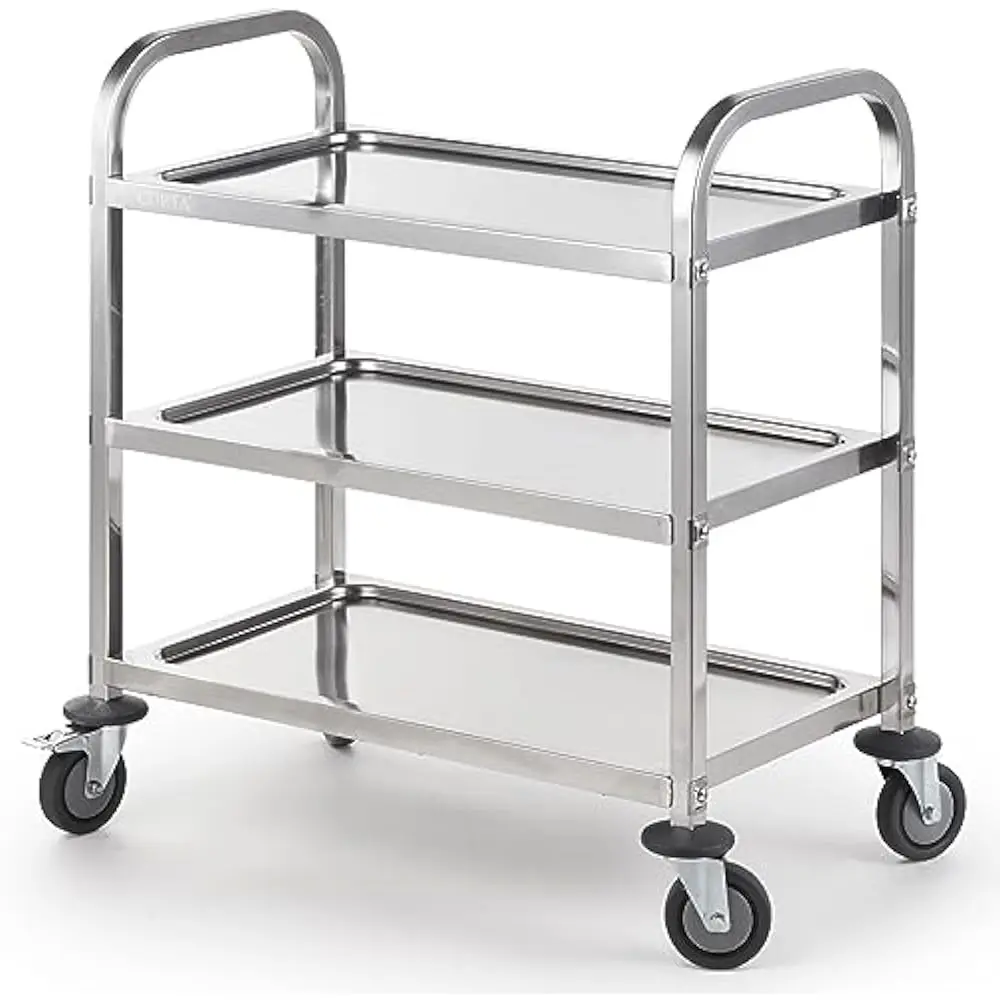

Stainless Steel Serving Trolley, Tiered Shelf Kitchen Utility Cart, Rolling Casters Brake Wheel, Commercial Pro, Hotel Trolley
