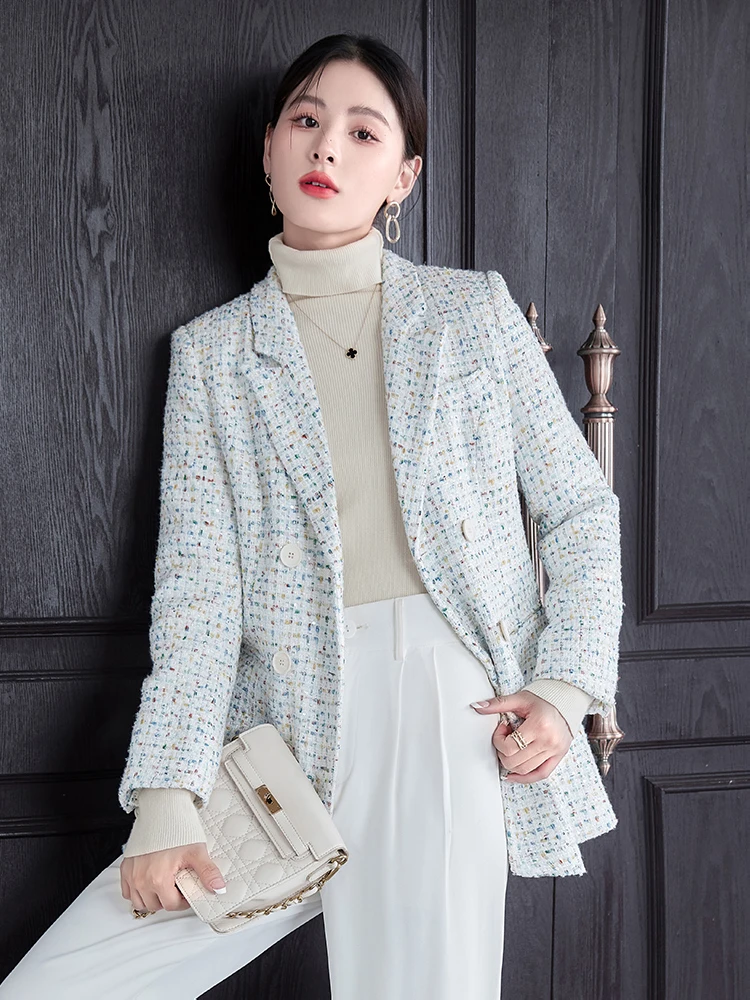 Pink Women tweed Suit Blazer 2023 Fall winter Large size Double breasted Ladies jacket Multicolour Luxury Clothing INKEO 3O100